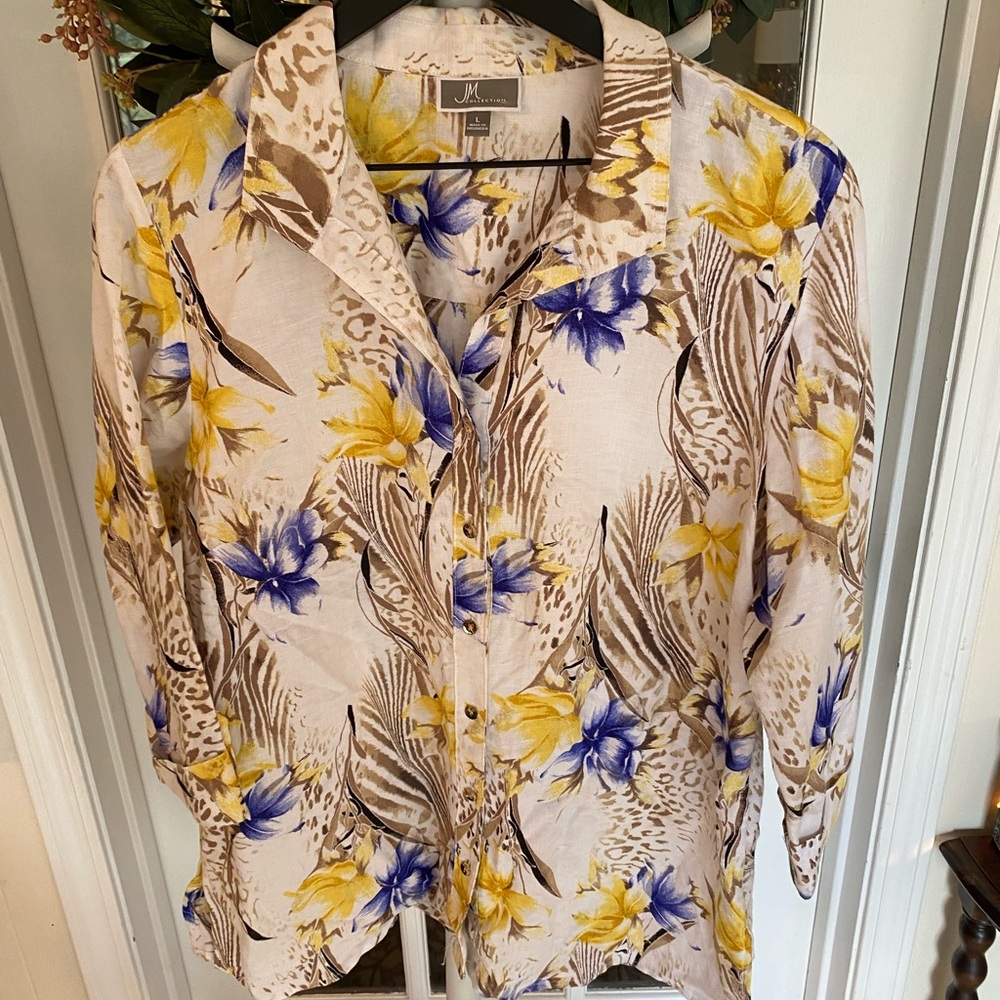 JM Collection Floral Linen Button Down L Oversized